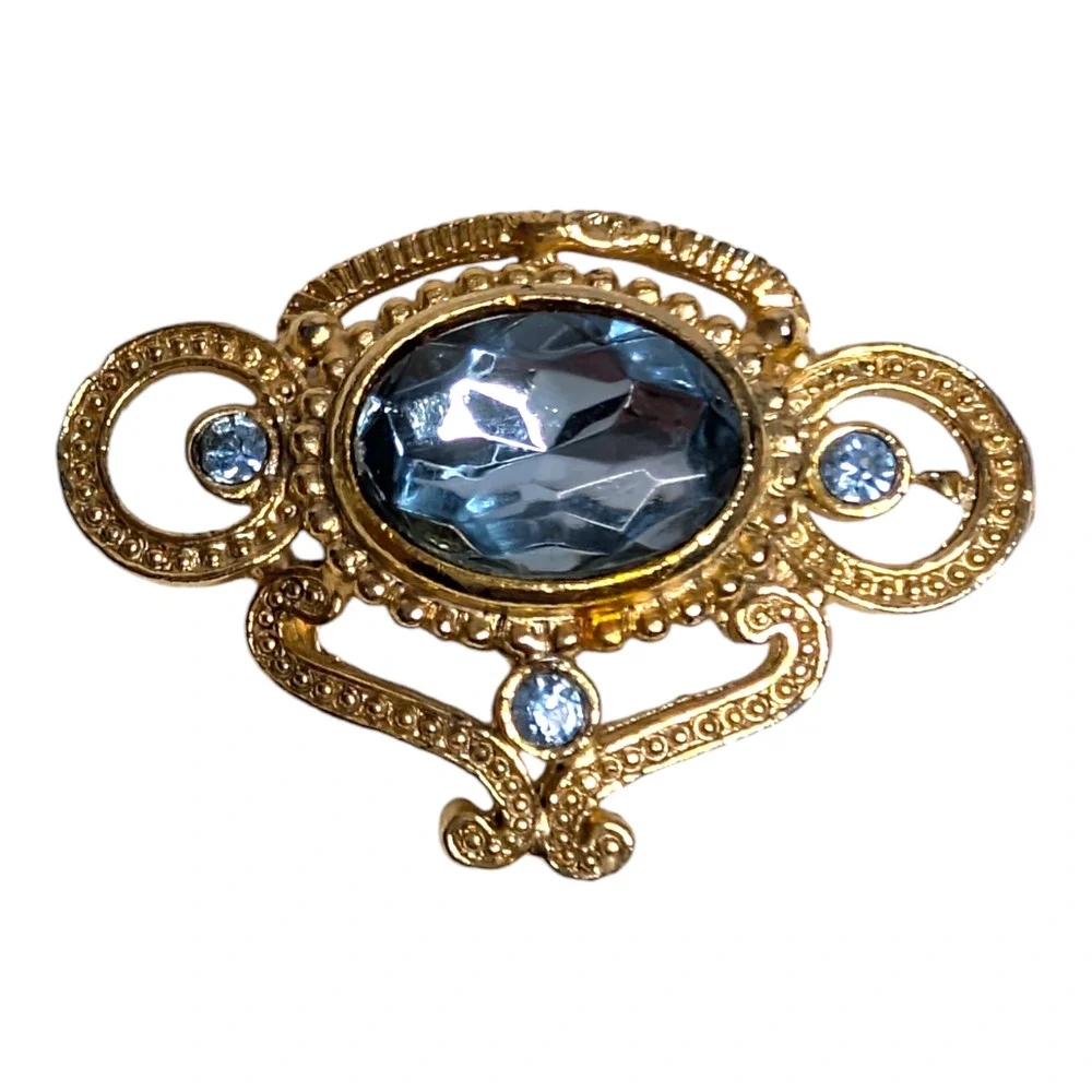 Gold Metal with Faux Aquamarine Stone Brooch‎ Pin Elegant Elaborate Vtg Jewelry
